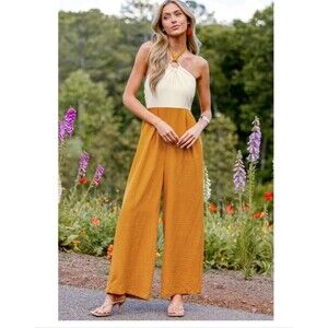 NWT Cupshe Colorblock Halter Jumpsuit Mustard Yellow White Wide Leg Large